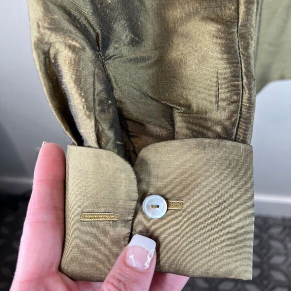 Valerie Stevens Pure Silk Button-Up Shirt Olive Green Size 8 Classic Luxe Staple - Picture 8 of 12
